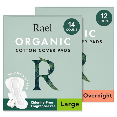 Rael Pads for Women Organic Cotton Cover Heavy Absorbency Feminine Care Ultra Thin Sanitary Napkins with Wings Unscented Overnight Large Bundle